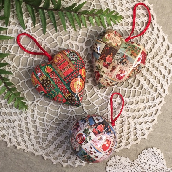 Vintage Holiday Vintage Paper Mache Christmas Ornaments Set Heart And Ball Shaped Poshmark